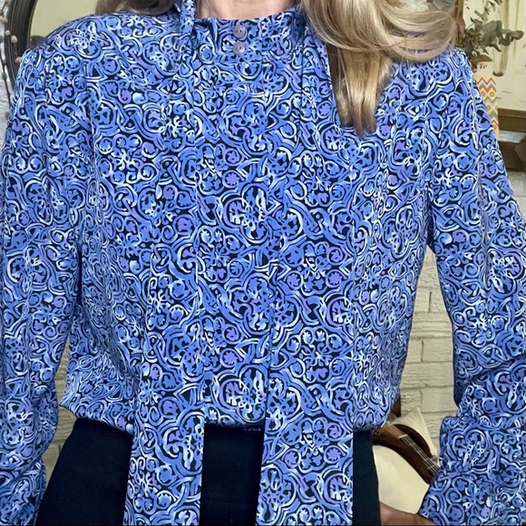 Pendleton Bow Tie detail Blue Pattern Print Secretary Blouse long sleeves - Picture 2 of 16